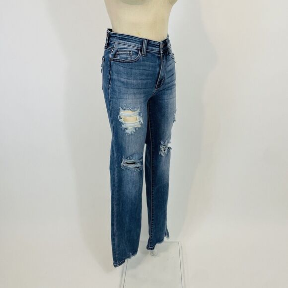 Judy Blue Straight Fit Jeans Women's Size 5 27 Mid Rise Ripped Knee Raw Hem - Picture 11 of 13